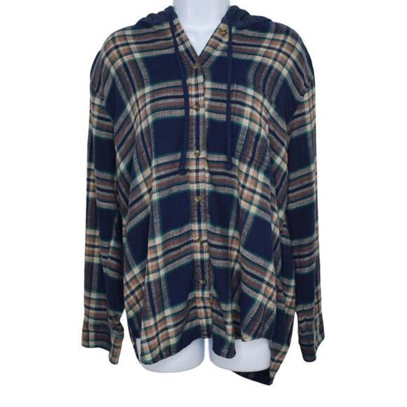 American Eagle Womens Blue Plaid Hooded Button Up Long Sleeve Oversized Top M‎ - Picture 2 of 8